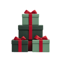Three green gift boxes with red ribbons are stacked, creating festive and elegant display. boxes vary in size, adding sense of balance and charm, perfect for holiday celebrations png