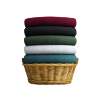 Stack of colorful folded sweaters in wicker basket, featuring red, black, white, green, and blue hues, isolated on transparency background png