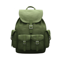Green canvas backpack with multiple pockets and silver buckles, ideal for outdoor adventures and travel. sturdy design and spacious compartments offer practicality and style png