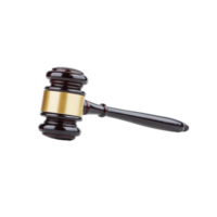 Wooden gavel with gold band is isolated on transparency background, symbolizing justice and authority. polished finish and classic design evoke sense of tradition and formality png