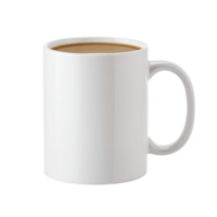 White ceramic mug filled with coffee sits against plain background, showcasing simple and clean design. mug smooth surface and classic shape make it ideal for hot beverages png