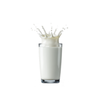 Glass of milk with splash creates dynamic and refreshing visual. white liquid contrasts against clear glass, emphasizing freshness and purity of milk png