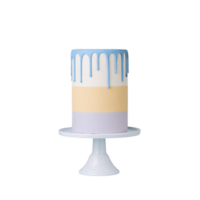 Tall, elegant cake with pastel layers of blue, cream, and lavender is topped with glossy blue drip, creating visually appealing dessert on white cake stand png