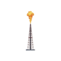 Tall industrial oil rig with metal structure is releasing large flame at top, indicating gas flaring. isolated image on transparency background highlights energy production process png