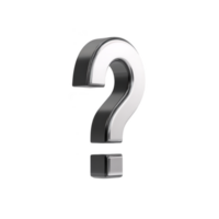 Shiny metallic question mark stands against transparent background, reflecting light and casting subtle shadows. 3D design gives it modern and sleek appearance, perfect for conveying inquiry png