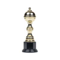 Shiny gold trophy with spherical top and ornate design stands on black base, symbolizing achievement and excellence. elegant craftsmanship reflects prestige and honor png