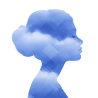 Silhouette of woman with serene expression is filled with blue sky and clouds, creating dreamy and ethereal effect. image blends human form with nature, symbolizing tranquility and imagination png