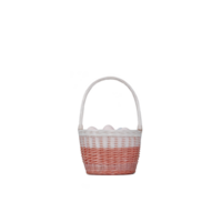 Wicker basket with handle, filled with white eggs, is displayed against transparency background. basket features pink and white woven pattern, creating charming and rustic appearance png