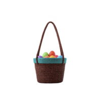 Woven basket with handle, filled with colorful Easter eggs, sits against plain background. basket is brown with blue lining, creating festive and cheerful appearance png
