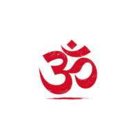Image features red Om symbol on transparency background, representing spirituality and meditation. symbol is central and bold, conveying sense of peace and mindfulness png