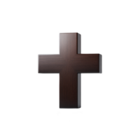 Wooden cross with dark finish stands against plain background, symbolizing faith and spirituality. texture of wood adds natural and rustic feel to religious symbol png