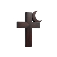 Wooden cross with crescent moon symbol, representing blend of religious symbols, is depicted against plain background. dark wood texture adds sense of depth and contrast png