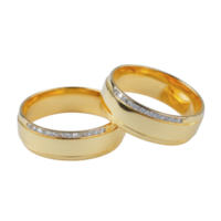Two elegant gold wedding bands with embedded diamonds are displayed against transparency background, symbolizing love and commitment. rings polished finish adds touch of sophistication png