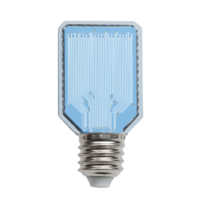 Light bulb with unique, flat design features blue circuit board pattern, symbolizing innovation and technology. metallic base contrasts with intricate electronic design png