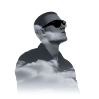 Man wearing sunglasses is creatively blended with clouds, creating surreal and dreamy effect. monochrome palette adds sense of mystery and introspection to image png