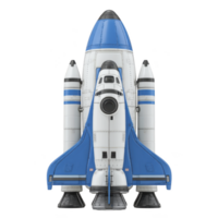 Blue and white space shuttle with boosters is ready for launch, showcasing its aerodynamic design and powerful engines. spacecraft is set against plain background, emphasizing its sleek structure png