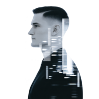Double exposure image of man in profile with cityscape overlay, blending urban architecture with human form, creating futuristic and artistic effect png