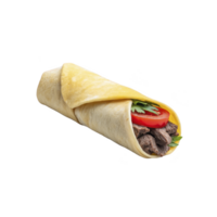 Delicious beef wrap with fresh vegetables, including tomatoes and greens, wrapped in soft tortilla. vibrant colors and textures make it appetizing meal option png