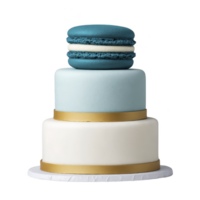 Three tiered cake with blue macaron on top, featuring light blue and white fondant layers accented with gold bands, creating elegant and modern design png