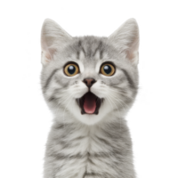 Surprised gray tabby kitten with wide eyes and open mouth, displaying playful and curious expression against transparency background png