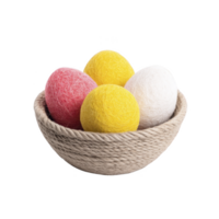 Decorative bowl filled with colorful string balls, including red, yellow, and white, creates vibrant and artistic display. woven texture of bowl adds rustic charm png