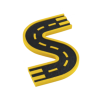 3D illustration of winding road shaped like letter S with yellow border and black asphalt surface, featuring dashed white lines. design is isolated on transparency background png