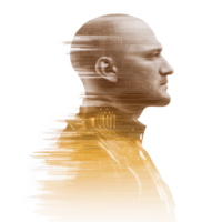 Digital art piece features side profile of bald man with glitch effect, blending human and technology elements. image conveys futuristic and innovative theme png