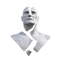 Cracked white marble bust of man with solemn expression, symbolizing fragility and strength. sculpture is broken into several pieces, creating dramatic visual impact png