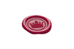 Red wax seal with crown imprint symbolizes royalty and elegance, often used for formal documents or letters. seal intricate design adds touch of sophistication and historical charm png