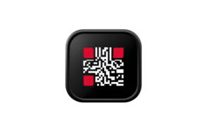 Black square icon features QR code with red accents, set against transparent background. design is modern and minimalistic, suitable for digital applications or branding png