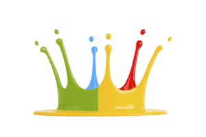 Vibrant splash of paint forms crown shape, featuring green, blue, red, and yellow colors. dynamic design creates playful and artistic impression png