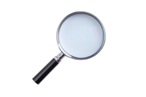 Magnifying glass with black handle and silver rim is shown against transparency background, emphasizing its simplicity and functionality png