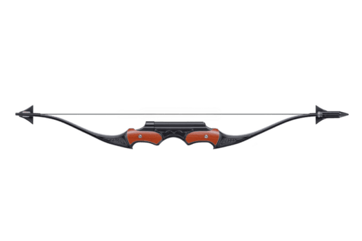 Sleek, modern recurve bow with black and red design, featuring intricate patterns and taut string, ready for archery. bow exudes precision and elegance png