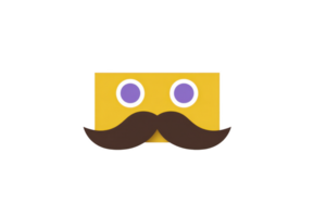 Yellow rectangular card with large purple googly eyes and brown mustache creates playful and whimsical expression. simple design is eye catching and fun png