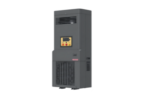 Tall, industrial air conditioning unit with digital control panel and vents is designed for efficient cooling in large spaces. unit is dark gray with yellow control interface png