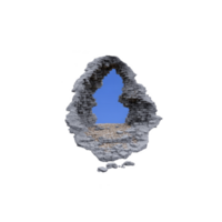 Large, irregular hole in stone wall reveals bright blue sky beyond, creating striking contrast. rough texture of stones adds sense of age and history to scene png