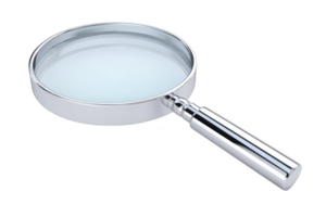 Shiny silver magnifying glass with reflective handle and clear lens is isolated on transparency background, symbolizing investigation and discovery png