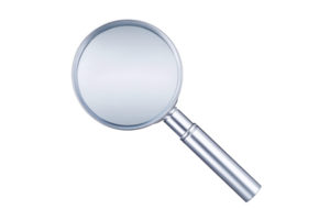 Shiny silver magnifying glass with reflective lens and sleek handle, isolated on transparency background, perfect for search or investigation themes png