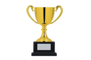 Shiny gold trophy with ornate handles sits atop black base, symbolizing achievement and success. trophy elegant design and polished finish make it ideal for awards and recognition png
