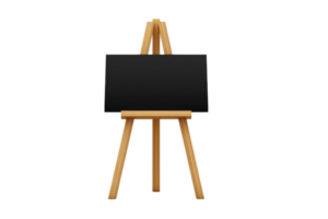 Wooden easel stands with blank black canvas, ready for artistic expression. simple design and neutral colors make it ideal for various creative projects or presentations png