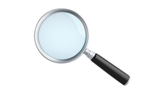 Magnifying glass with black handle and silver rim is shown against transparency background, symbolizing investigation and discovery png