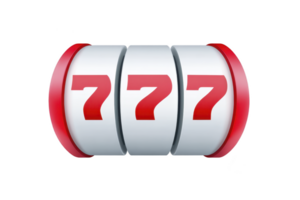Slot machine reel displays three red sevens, symbolizing jackpot win. design is simple and vibrant, with focus on luck and gambling excitement png