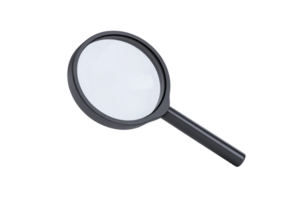 Black magnifying glass with round lens and sleek handle is isolated on transparency background, symbolizing exploration and discovery png