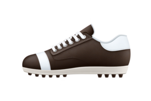 Brown and white soccer cleat with textured surface and laces, featuring studded sole for grip on field. design is sleek and functional, ideal for sports png