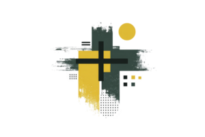 Abstract geometric design with cross and circle in green and yellow tones, featuring textured brush strokes and small squares. composition is modern and artistic png