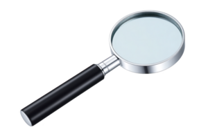 Magnifying glass with black handle and silver frame is shown on transparency background, highlighting its simplicity and functionality png