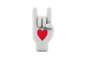 White hand sculpture with red heart symbol in center makes rock and roll gesture, conveying love and passion. design is simple yet expressive png