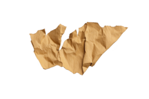 Crumpled piece of brown paper isolated on transparency background, showcasing texture and irregular shape. paper appears worn and used, adding rustic and organic feel png