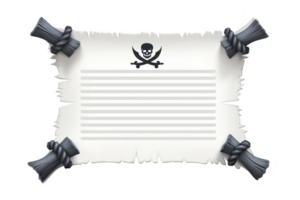 Aged parchment paper with pirate skull and crossbones design, featuring torn edges and tied with black ropes at corners, evokes sense of adventure and mystery png