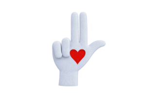 White glove hand gesture with red heart symbol on palm, expressing love and positivity. background is plain, emphasizing hand and heart design png